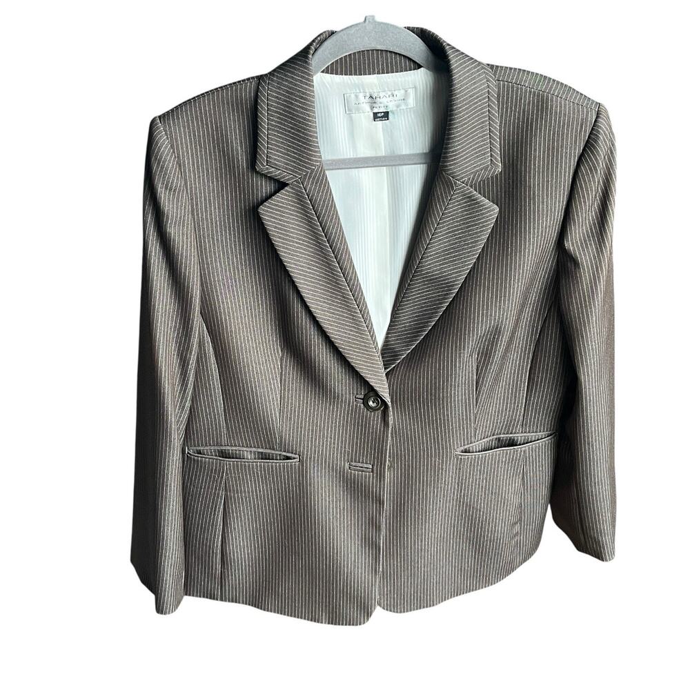 Tahari Blazer Jacket Women Size 16 P Brown Stripe Classic Office Secretary Chic